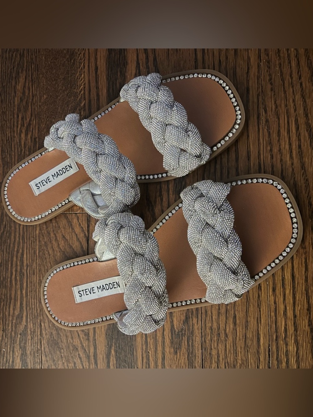 Steve Madden Silver Braided Crystal-Embellished Slide Sandals